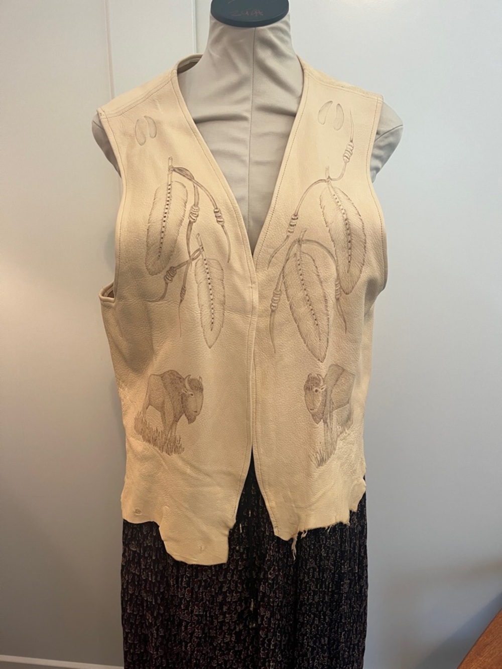 Beige Leather Western Vest with Embossed Buffalo and Feather Design